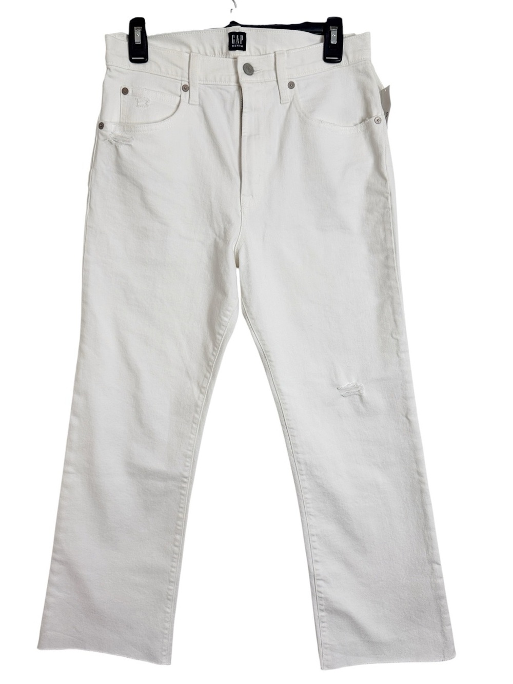 Gap High Hem Ankle Flare Jeans Crisp White Distressed Raw Hem size 28